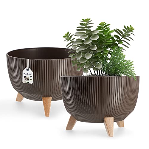 KADAX Blumentopf aus Kunststoff mit DREI Einsteckstützen, runde Blumenschale, Pflanzkübel, Blumenkübel, Pflanzschale für Balkon, Wohnzimmer (33 cm Ø/Braun)