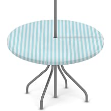 Round Outdoor Tablecloth with Umbrella Hole Zipper Light Blue Stripe Elastic Table Cover for Patio Picnic Party, Fit for 36"-44" Round Tables