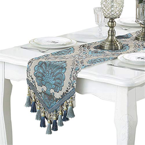 Embroidery Luxury Table Runner Jacquard Fabric Table Runner with Multi-Tassels for Dining Room Dresser Wedding Party Decorations, 13" x 70", Beige by Bettery Home - Used condition - US$16.38