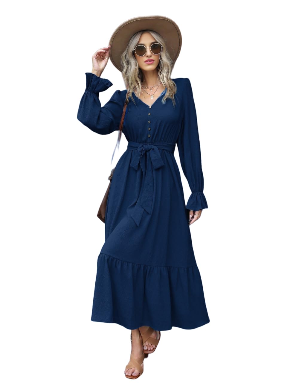 Barakath Women Solid Flare Sleeve Ruffle Hem Belted Dress