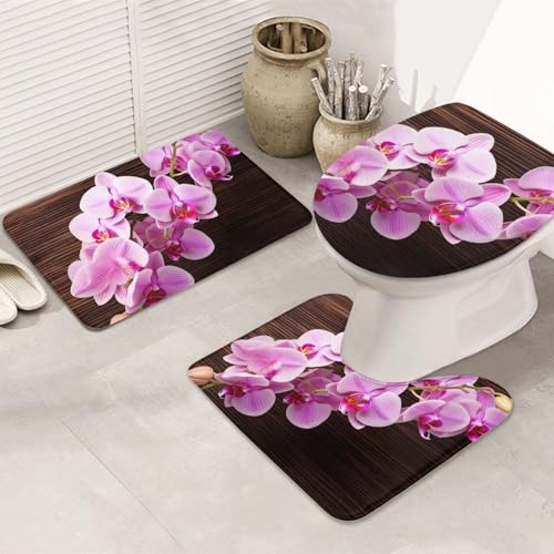 蘭の花 バスルームラグセット 3ピース、U字型トイレフロアマット + 滑り止めマイクロファイバーバスマット + トイレ蓋カバーマット、ホームデコレーション用ソフト吸収バスラグカーペット