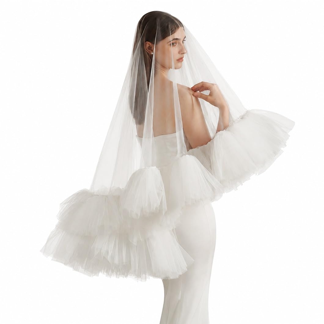 Velo de novia de tul con volantes multicapa largo de 150 cm color marfil