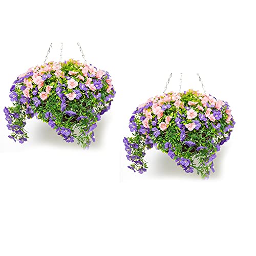 Primrose Premium Large Artificial Outdoor Hanging Baskets With Flowers (Pink & Purple Petunia, Set of 2)