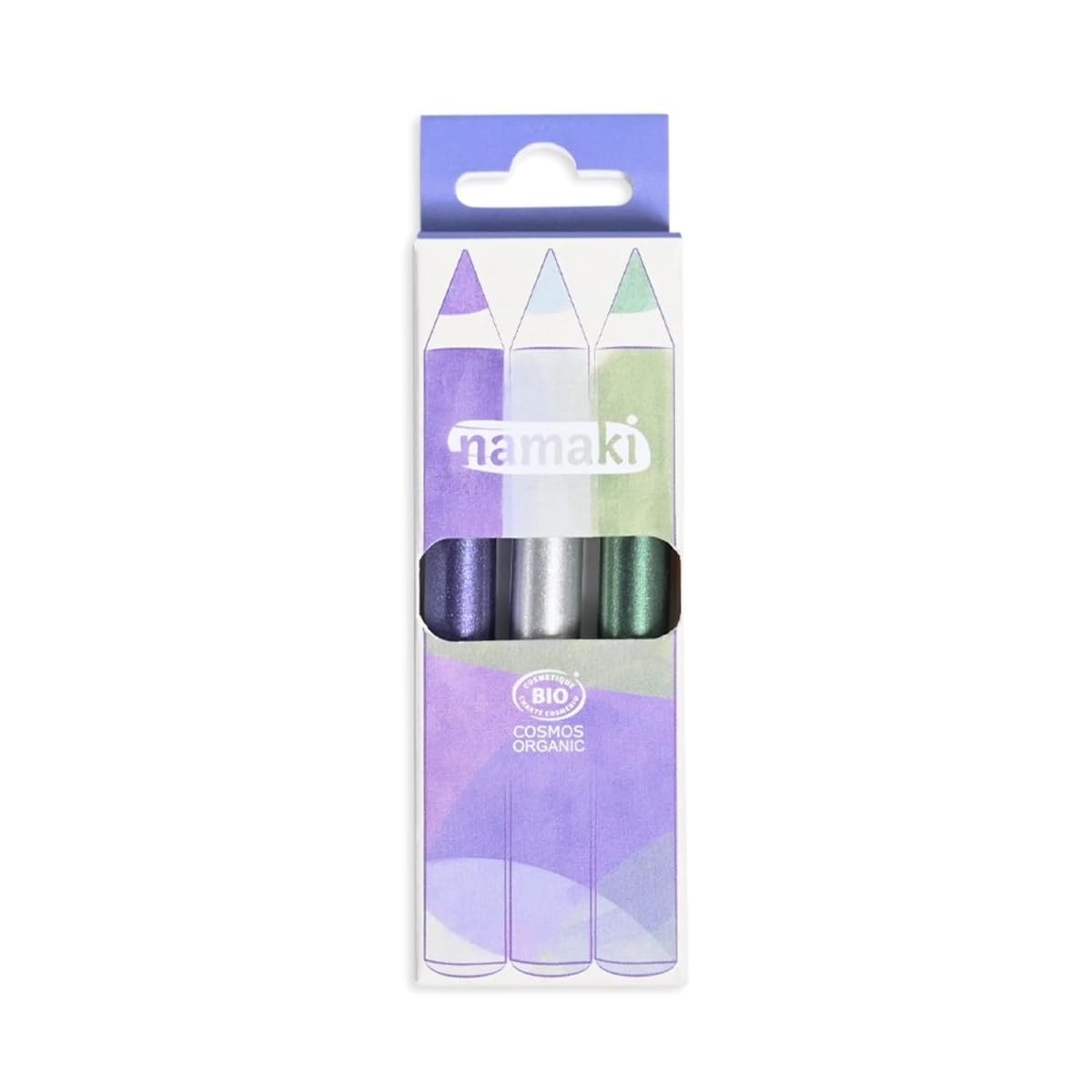 Kit de 3 Crayons de maquillage Enfants Pailletés Jumbo Bio – Violet, Argent, Vert - Certifié Cosmos Organic - Namaki