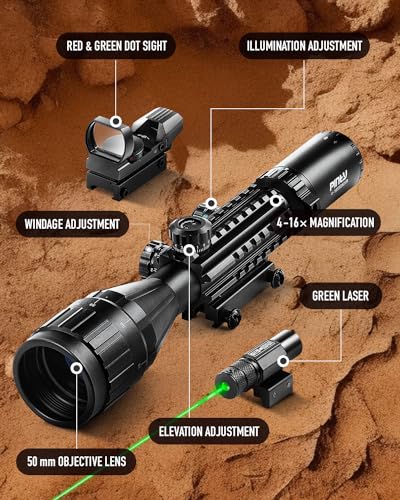 PINTY Rifle Scope Combo, 4-16x50 AO Scope with Red Dot Sight and Green Laser, Dual Illuminated Gun Scope & 4 Reticle Reflex Sight with Picatinny Weaver Rail Scope Mount for Rifles - Thumbnail 3
