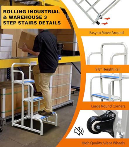 Image of 3 Step Stairs with Wheels, Industrial & Warehouse 3-Step Rolling Stairs, Non-Slip Rolling Steps with Stair Edge Protector, Easy to Move Rolling Steps with Wheels(19.7W x29.5H, 600LBs Loading).