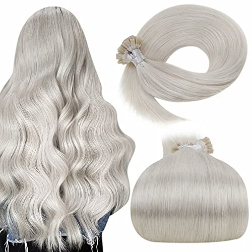 LaaVoo 20" Long Straight Flat Tips Human Hair Whitest Blonde Hot Fusion Pre Bonded with Keratin Flat Stick Tip Hair 1g/strand 50g (#60)