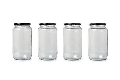 OLAZZO Glass Jar Containers Set of 4 for Kitchen Storage – 1000 ml (1 kg) Each – Airtight Black Lids, BPA-Free, Food Safe – Pantry Storage Jars for Dry Food, Sugar, Snacks & Spices (4)