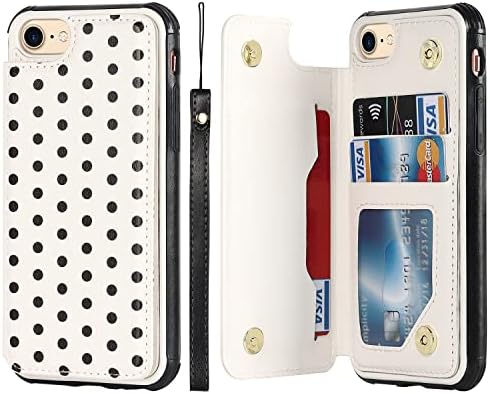 Cavor for iPhone 7/8/SE 2020/SE 2022 Case with Card Holder,Wallet Case with Credit Card Holder for iPhoneSE Phone Case,Polka dots Leather[Kickstand][Strap] Shockproof Cover for Women Men- White