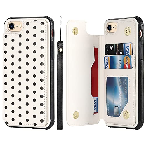 Cavor For Iphone 7/8/Se 2020/Se 2022 Case With Card Holder,Wallet Case With Credit Card Holder For Iphonese Phone Case,Polka Dots Leather[Kickstand][Strap] Shockproof Cover For Women Men- White #TOP3