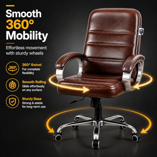 Image of Zen Executive Ergonomic Office Chair for Work from Home | Leatherette Revolving Chair with 360 Swivel, Chrome Base & Cushioned Seat (Brown, Mid Back)