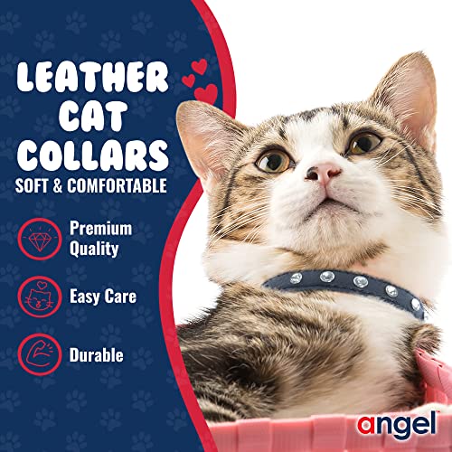 Athens Cat Collar, Leather Kitten Collar W/Rhinestones, Sturdy Breakaway Cat Collar With Bell & Elastic Stretch, Cat Accessories, Midnight Black, 10 X ½ Inches - Angel Pet Supplies #TOP1
