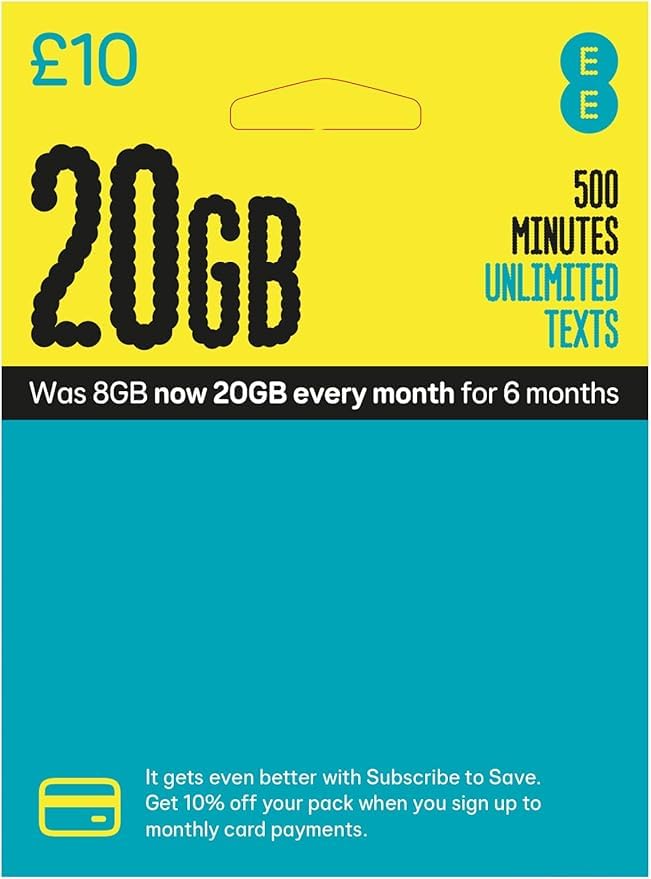 EE PAYG £10 Data Sim Includes £10 pre-paid credit, 20GB Data, 500 Minutes and Unlimited Texts (EE £10-20GB) talk all day