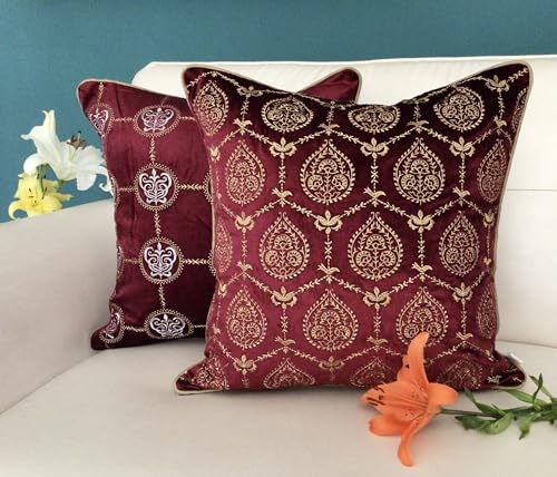 Image of TARA- Sparkling Homes Zari Embroidered Velvet Cushion Covers, 'Padmini' from 'The Royal Collection', Set of 1 (Wine Red, 16 x 16 Inches)