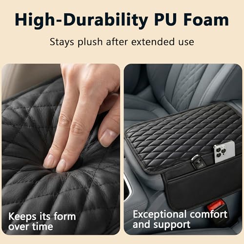 Image of ZIQO Car Armrest Pad | Universal Fit SUV MPV | PU Leather Center Console Cover | Foam Cushion Elbow Support | Dual Side Pockets | Waterproof | Non-Slip | Black