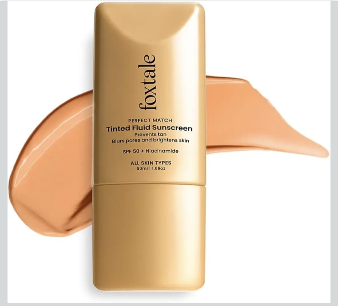 Fox..tale Perfect Match Tinted Fluid Sunscreen SPF 50 PA++++, Clay Shade with Niacinamide and Vitamin E, UVA/UVB Protection, Blurs Pores, Evens Tone, Non-Oily Glow, All Skin Types, 1.69 oz