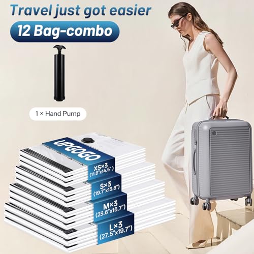 Image of UPGOGO Travel Vacuum Bags for Luggage with Hand Pump,Vacuum Seal Bags for Clothing,Packing Cubes Compression,Cruise Ship and Travel Essentials(Combo 12 Pack)