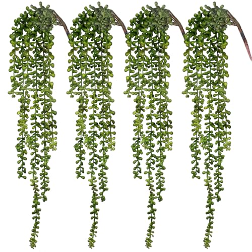 CEWOR 4pcs Fake Hanging Plants, String of Pearls Artificial Hanging Succulents Greenery Wall Backdrop Decor, Artificial Plants Indoor for Home Garden Outdoor Decoration