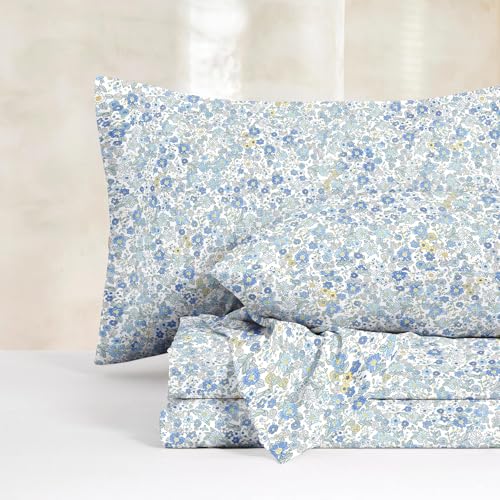 Wake In Cloud - Shabby Chic Bed Sheets, 4-Piece Sheet Set, Floral Flower Pattern Printed Country Coquette Cottage Aesthetic Bedding, Deep Pocket, Light Blue, Full Size