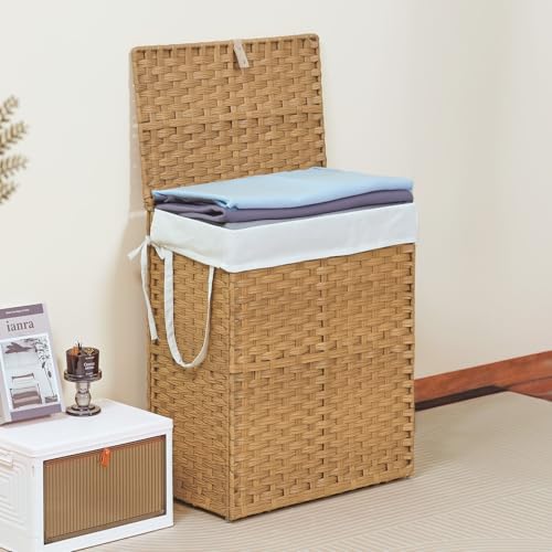 Elevon 90L Laundry Basket with Lid, Hand-Woven Pp Rattan Laundry Hamper with Compartments & Handles, Foldable, Large Capacity Clothes Basket with Removable Liner for Bathroom, Pale Yellow Elevon 90L Laundry Basket with Lid, Hand-Woven Pp Rattan Laundry Hamper with Compartments & Handles, Foldable, Large Capacity Clothes Basket with Removable Liner for Bathroom, Pale Yellow