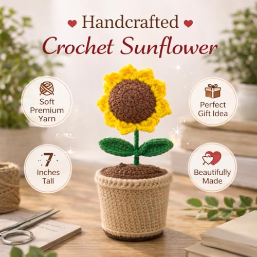 Image of Handcrafted Crochet Flower Pot | 7 Inch Handmade Wool Flower Plant | Premium Soft Yarn Decor | Cute Desk & Home Decoration | Unique Gift for Birthday, Anniversary & Valentine (Sunflower)