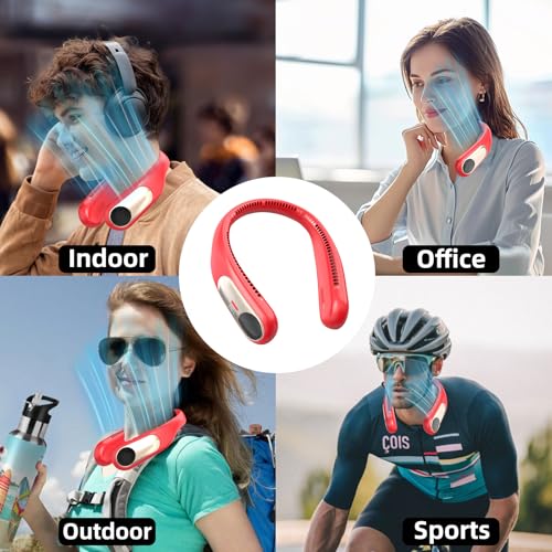 Image of Portable Neck Fan, Personal Wearable Bladeless Fan for Outdoor Indoor, LED Display, 360 Cooling, 4-Speeds, 6000mAh USB Rechargeable, Birthday Gifts for Men Women Dad Mom (Red)