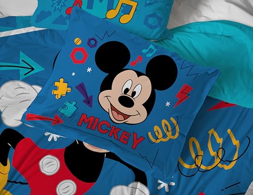 Image of Disney Mickey Mouse Twin Comforter Set 5 Piece Kids Cartoon Bedding, Blue | Bed in a Bag, Comforter Sheets Sham Pillowcase, Official Product, Soft Microfiber, Machine Washable, Easy Care, Boys Gift