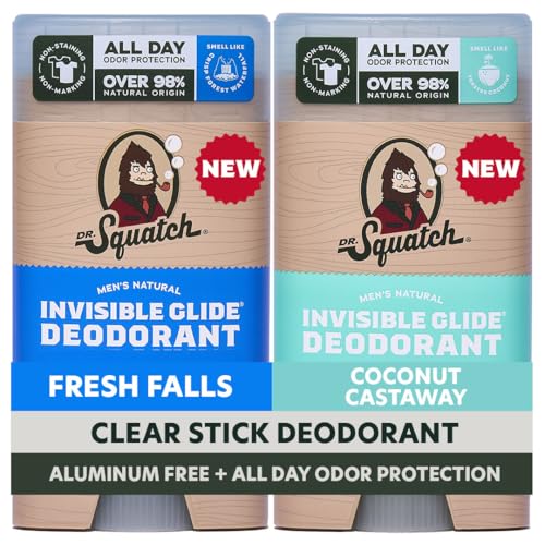 Dr. Squatch Invisible Glide Natural Mens Deodorant Smooth Glide No Stains Aluminum Free Deodorant Men Safe for Sensitive Skin Fresh Falls + Coconut Castaway 2.65oz (2-Pack)