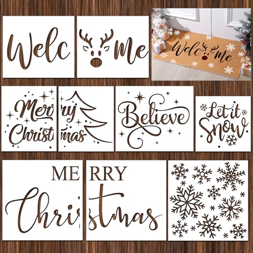 Frienda 9 Pcs Christmas Stencils for Door Mats, Reusable Welcome Templates