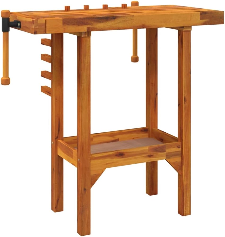 Wooden Workbench with Vices for Garage, Workshop and Home, Work Bench Hardwood Workbench Workstation, Multipurpose Work Bench Table, 36.2"x18.9"x32.7" Solid Wood Acacia