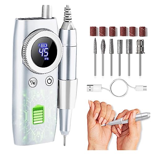Wiertarka do paznokci, 45000RPM elektryczna wiertarka do paznokci, akumulatorowa bezprzewodowa szlifierka żelu akrylowego, Manicure salonu(Wit)