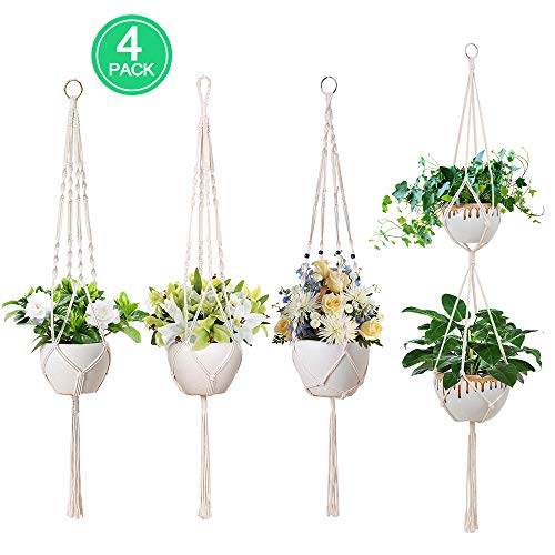 KIPIDA Makramee Blumenampel 4 Stück, Baumwollseil Pflanzenaufhänger-hängend Blumentopf Handgewebt Blumentopf Pflanzen Halter Aufhänger für Blumentopf Halter Balkon Innen Außen Garten Wanddekoration