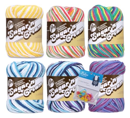 Image of Lily Sugar'n Cream 100% Cotton Yarn 6-Pack Bundle with Bella's Crafts Stitch Markers (Ombre Fun Mix)
