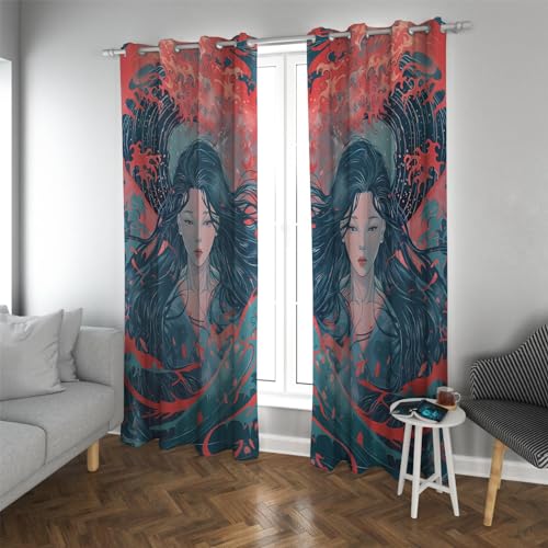 CHERHERART Cortinas de Arte de fantasía de Anime japonés 2PCS Elegante Retrato de Mujer Cortinas de poliéster con Aislamiento térmico Lavables para Interiores acogedores del hogar 2xB132xH214