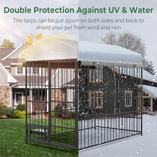 Large Outdoor Dog Kennel with Bowls and 360° Rotating Feeding Door, Heavy Duty Dog Kennel Playpen with Waterproof Roof Cover and Secure Lock, Dog Run Enclosure with 3 Sidewalls, 6.6’×3.9’×5.9′ Large Outdoor Dog Kennel with Bowls and 360° Rotating Feeding Door, Heavy Duty Dog Kennel Playpen with Waterproof Roof Cover and Secure Lock, Dog Run Enclosure with 3 Sidewalls, 6.6’×3.9’×5.9′
