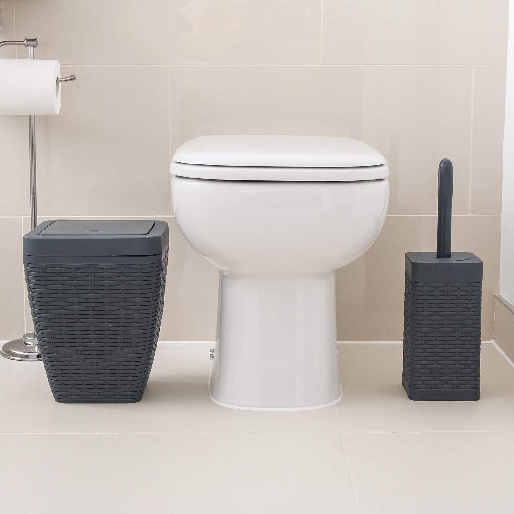 Addis 517487 Faux Rattan Square Bathroom Set Includes Swing Bin and Toilet Brush, Charcoal Grey, Bin & Toilet