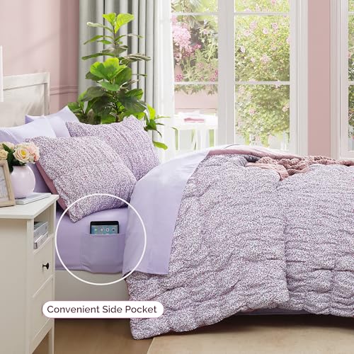 Full Size Comforter Sets - 7 Pieces Puff Light Purple Floral Bedding Set for All Seasons, Shabby Chic Farmhouse Bed in a Bag Full with Floral Comforter, Sheets, Pillowcases & Shams