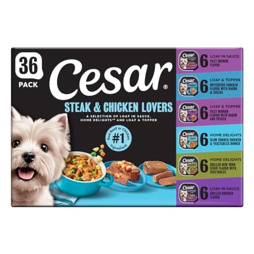 Cesar Wet Dog Food Steak and Chicken Lovers Variety Pack, Adult, Wet Food for Dogs with Real Beef or Chicken, 3.5 oz Easy Peel Trays, 36 Count