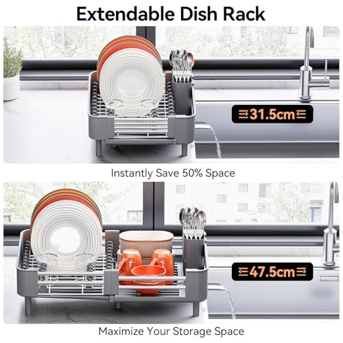Image of Urackify Stainless Steel Dish Drying Rack - Dish Drainer for Kitchen Counter, Extendable Drainboard with Foldable, Space-Saving Cup & Bowl Organizer, Includes Knife and Utensil Holder, Gray
