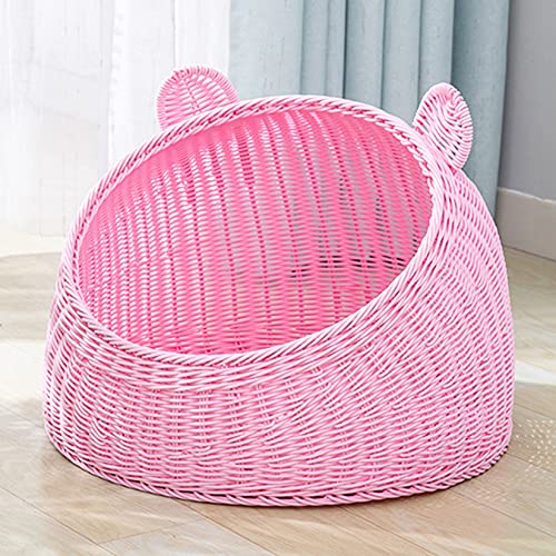 ラタン ペットベッド 猫ハウス 夏用 可愛い猫耳型 プラスチック藤編み 通気性 通年利用 ねこ キャットハウス イヌ 小型犬 うさぎ 小動物用ケージ ラタンかご 洗濯可能 お洒落 編み物 寝台 休憩所 ペット用品