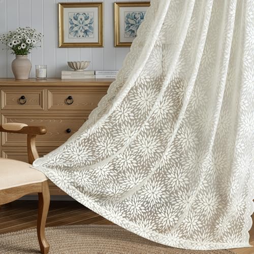 Image of MIULEE Vintage Lace Curtains 96 Inches Long 2 Panels, Victorian Decorative Floral Scalloped Semi Sheer Curtains Light Filtering Rod Pocket Panels Decor for Bedroom Living Room, 52 inch W x 96 inch L, Ivory