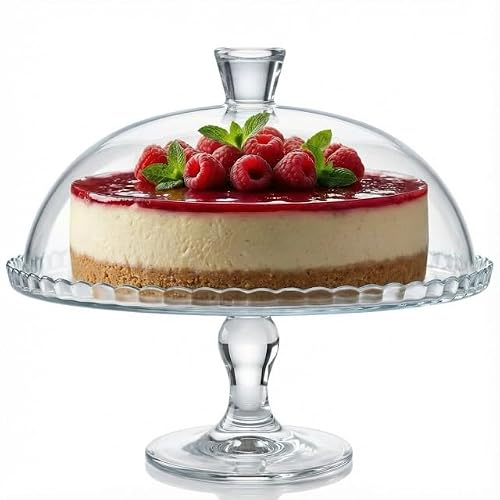 GOSOYO Présentoir à Gâteau sur Pied en Verre avec Cloche, Transparent, Ø 32,2 cm, pour Gâteaux, Cupcakes, Pâtisseries et Réceptions