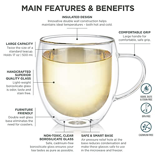 Teabloom Oversized Insulated Borosilicate Glass Mugs (17 Oz / 500 Ml) – Set Includes 2 Mugs + 2 Blooming Teas – Premium Quality Microwave Safe Glasses #TOP1