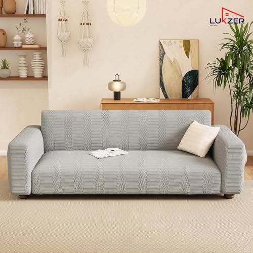 Image of Lukzer 1 Seater Pastel Light Grey Dotted Stripe Pattern Sofa Cover | 240 GSM Universal Stretch Fit Jacquard Fabric Couch Protector | Fully Covered Anti Slip & Washable Sofa Cover (SC-067-01 /90-140cm)