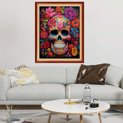 Image of Dimxvean Stamped Cross Stitch Kits,Cross Stitch Kits for Adults Beginners,Embroidery Kits Full Range of Cross Stitch Stamped Kits Needlepoint Kits Cross Stitch Patterns-Colorful Skull 16x20 inch