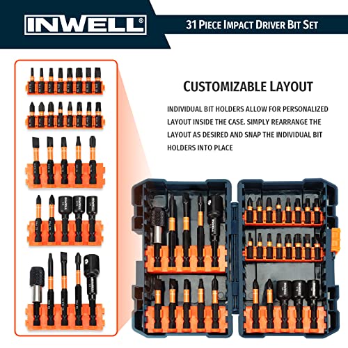 Inwell 31 Piece Impact Driver Bit Set, Impact Screwdriver Bit Set, Magnetic Nut Driver Set - S2 Steel Bits Set - Magnetic Tips - Phillips,Slotted,Hex,Square And Torx - For Power Drills #TOP5