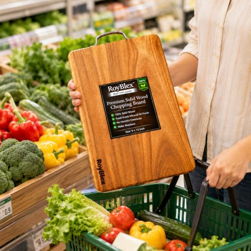 Image of Acacia Solid Wood Cutting Board for Kitchen with Stainless Steel Handle|Naturally Antibacterial Wooden Chopping Board | Cutting Board for Vegetables, Fruits, Meat, Fish, Paneer, (33x23 cm Pack of 1)