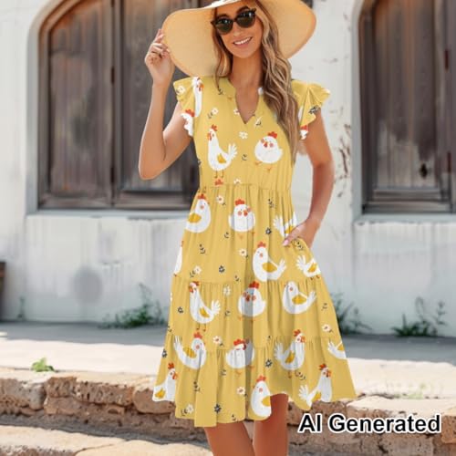 Image of Women's Casual Ruffle Sleeve Dress V Neck Pullover Dress Flowy A-Line Pleated Lightweight Dress with Pockets