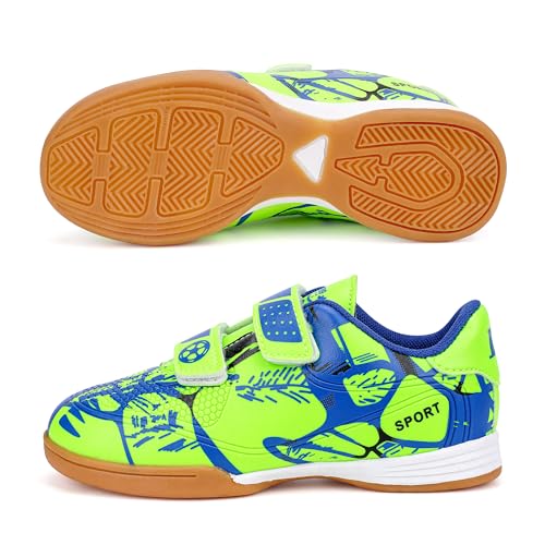 Linkidea Kids Laceless Indoor Soccer Shoes, Rubber Outsole Anti-Slip Sneaker, Futsal Training Cleats for Boys and Girls (Green)