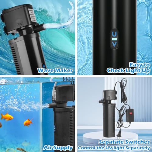 Tararium Small Pond Filter For 75-300 Gallon Tank, Aquarium U-V Filter Green Clean Machine Submersible Powerful Pump Canister Filter 300Gph For Fish Turtle Tank Saltwater Freshwater Crystal Clear Green Killing thumb #4